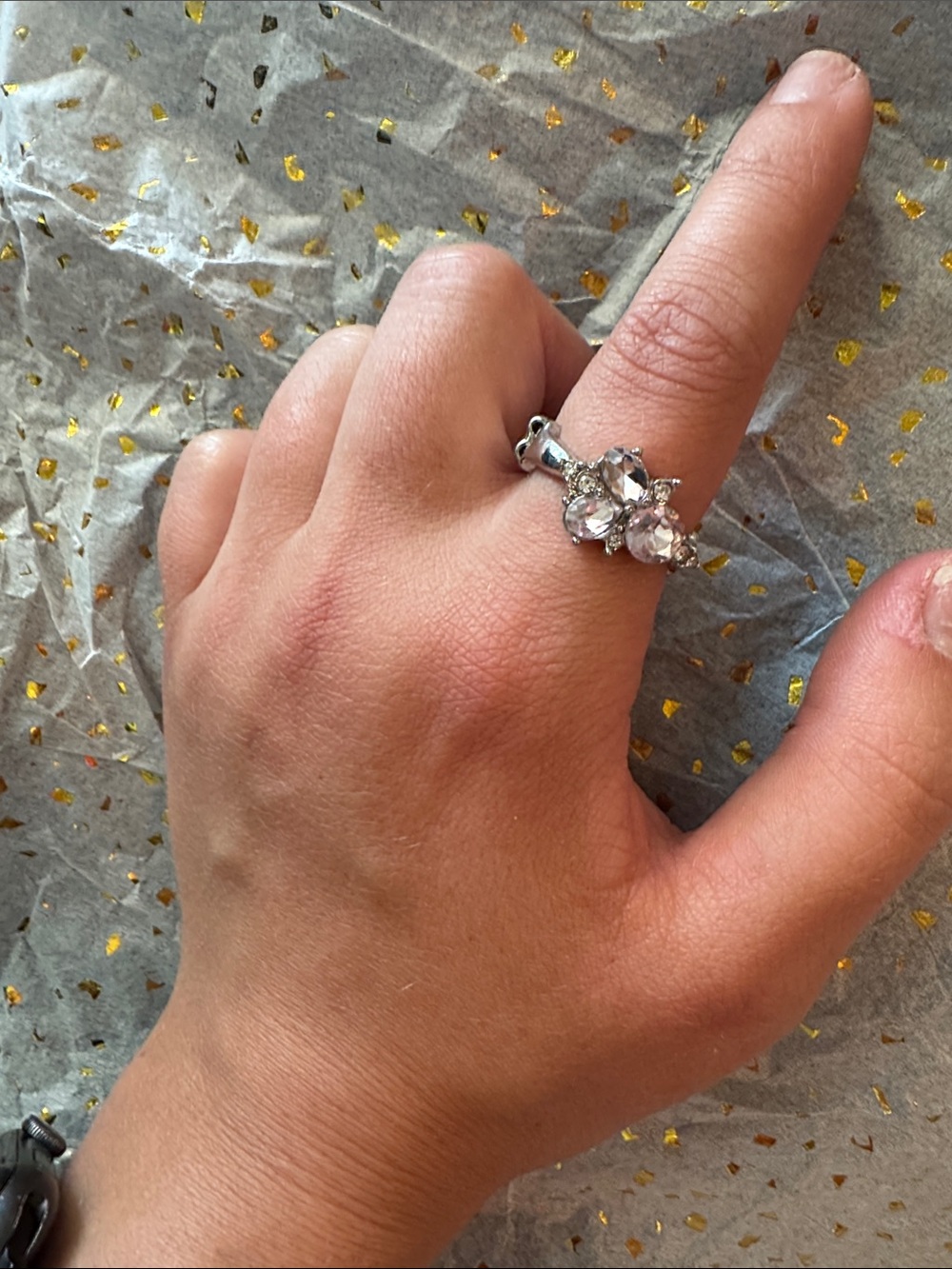 Silver Floral Cluster Ring with Clear and Light Pink Stones